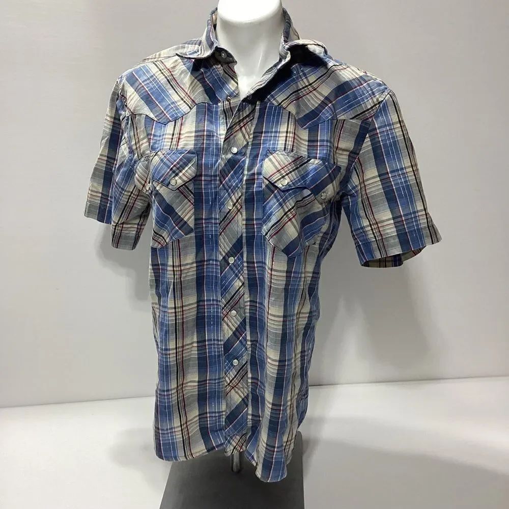 Rustler Wrangler Western Shirt Pearl Snap Blue Plaid Short Sleeve S Men’s